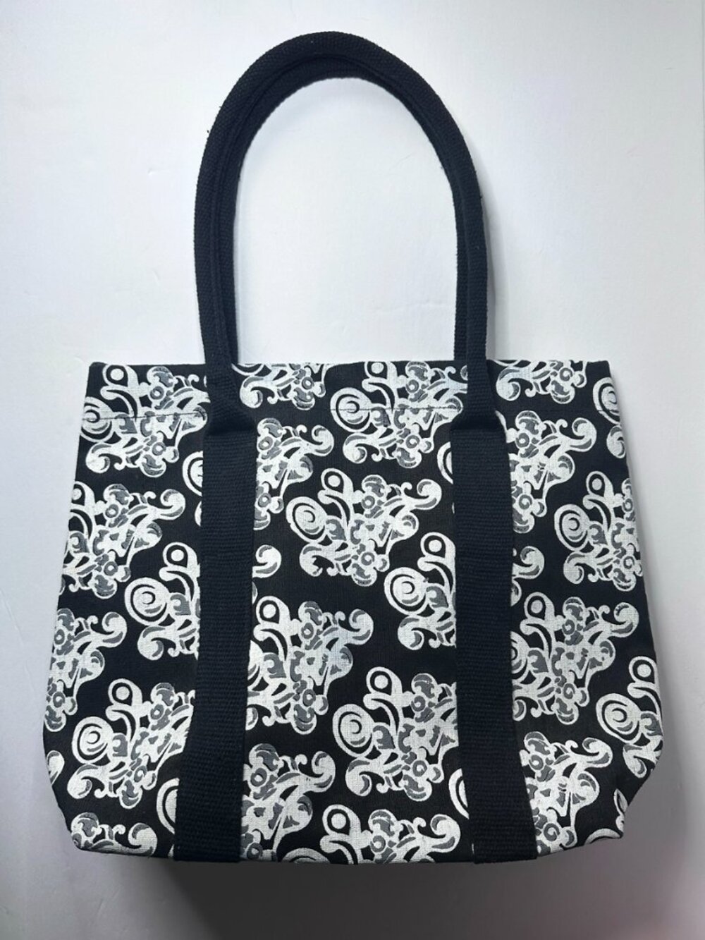 Black & White Damask Canvas Tote Bag Large Shoulder Bag Zip Pocket